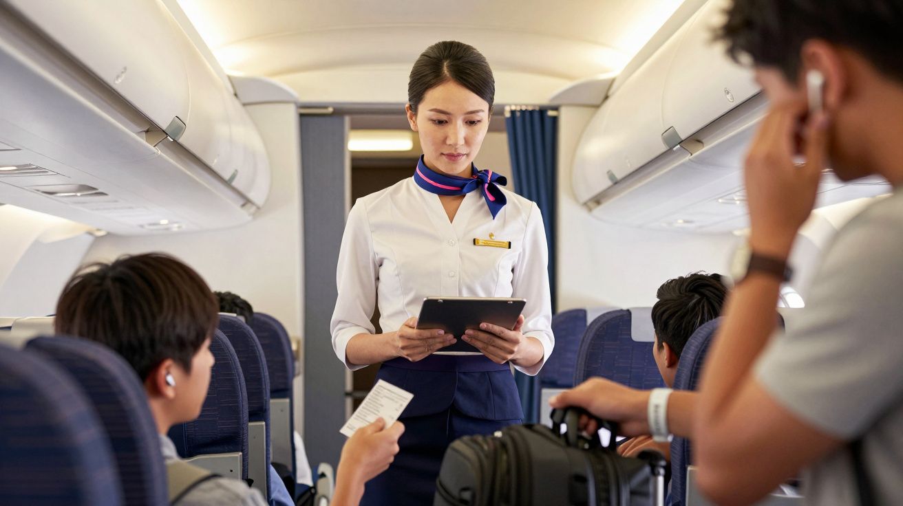 Azafata con tableta atiende a pasajeros en el pasillo de un avión, llevándoles a sus asientos antes del despegue.
