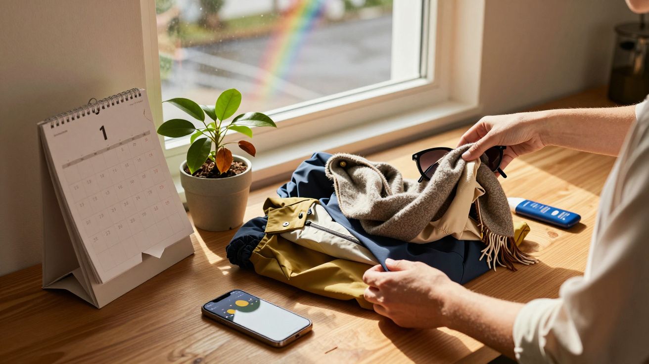 Manos organizando ropa en una mesa junto a una ventana con arco iris. Hay un calendario, planta, y móvil.