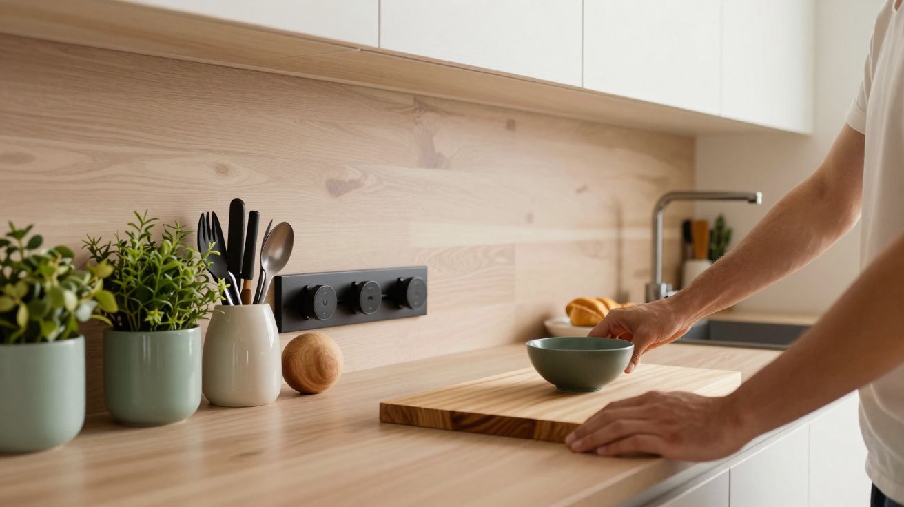Persona colocando un bol sobre una tabla de cortar en cocina moderna con plantas y utensilios en la encimera de madera clara.