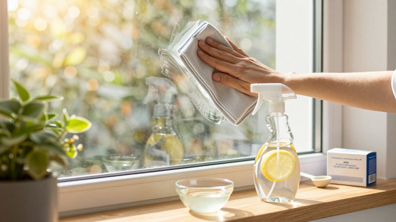 Mano limpiando ventana con un paño. Pulvorizador con rodaja de limón y plantas en el alféizar.