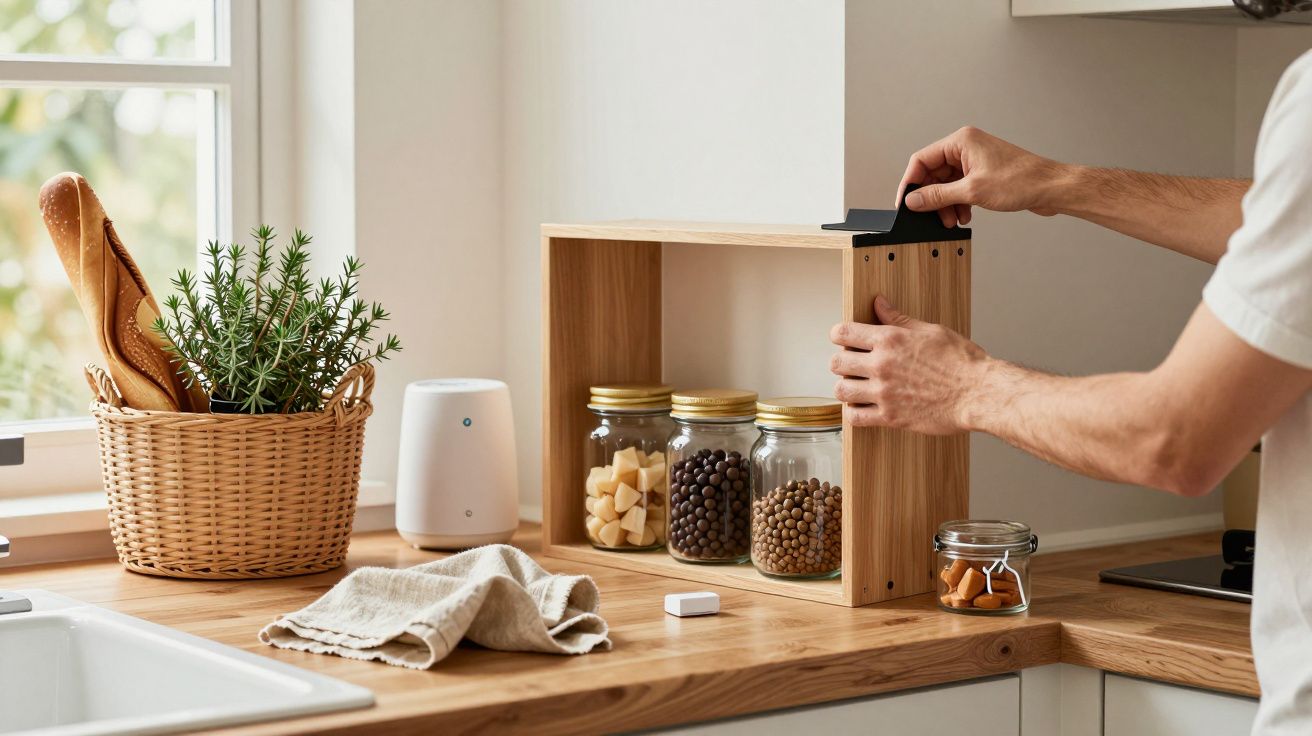 Persona ajustando estante de madera en cocina; tarros de especias y cesta con planta al lado del fregadero.
