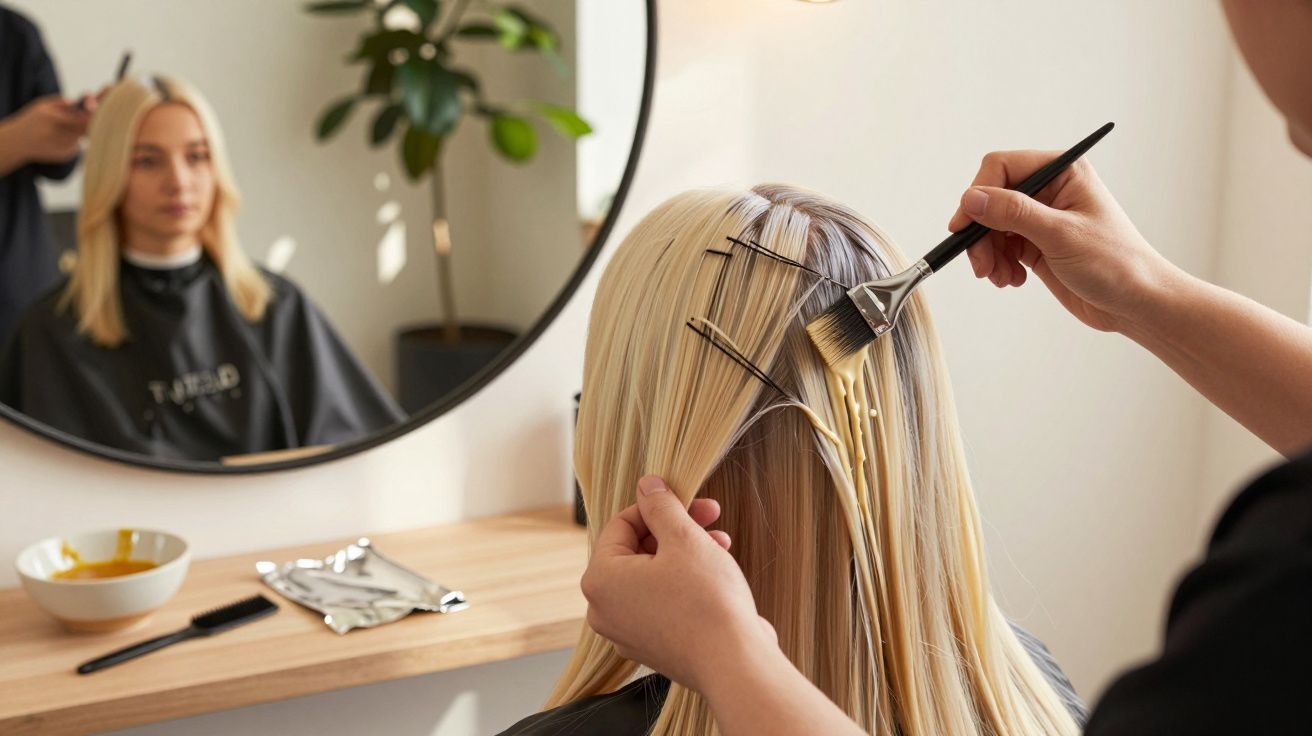 Mujer en la peluquería, aplicando tinte en su cabello rubio, mientras se refleja en un espejo.