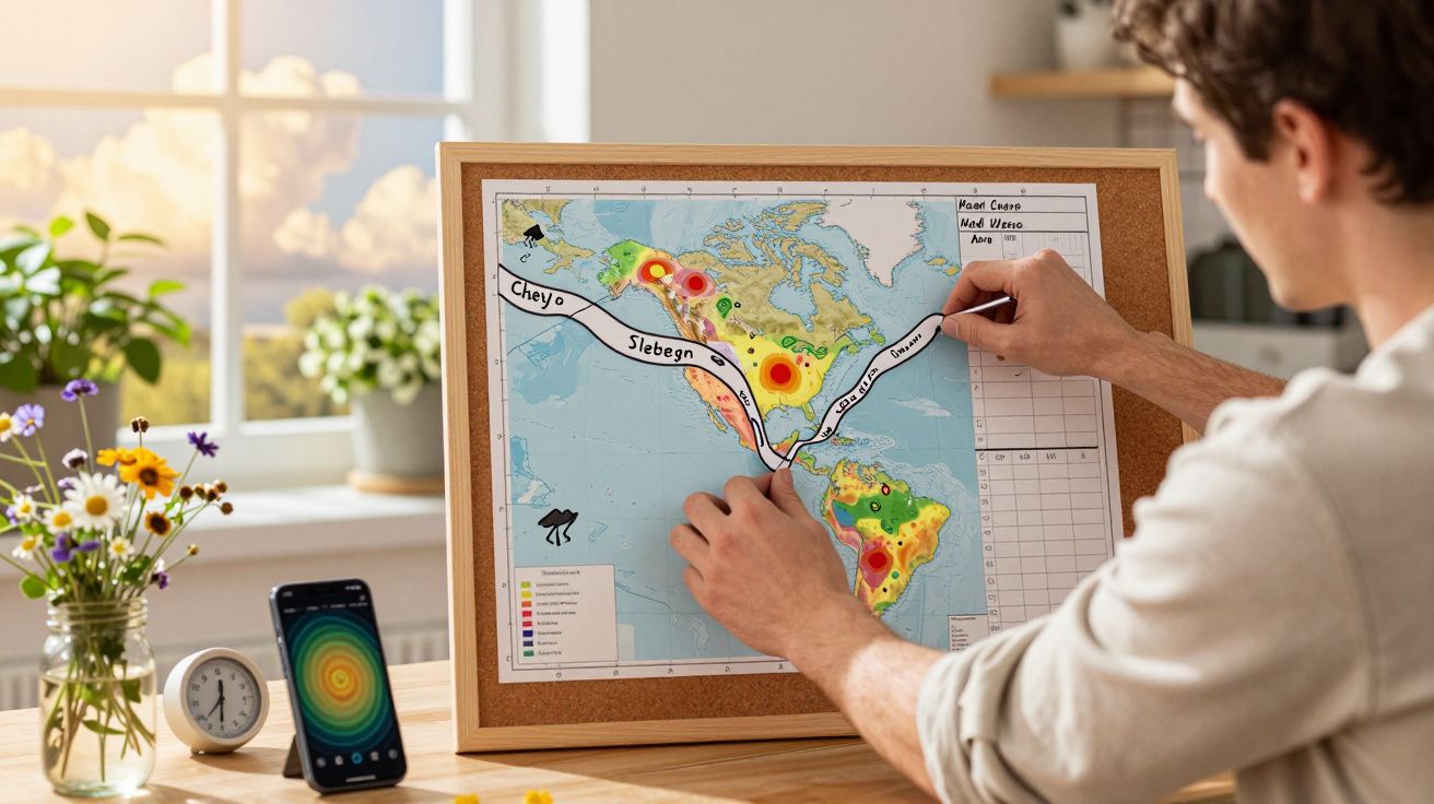 Persona coloca chincheta en mapa de corcho sobre la mesa. Cerca hay un teléfono con gráfico y un jarrón con flores.