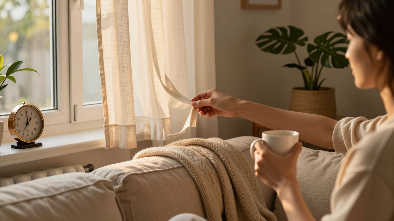 Mujer tomando café en un sofá, mirando por la ventana con cortina ligera y planta decorativa al fondo.