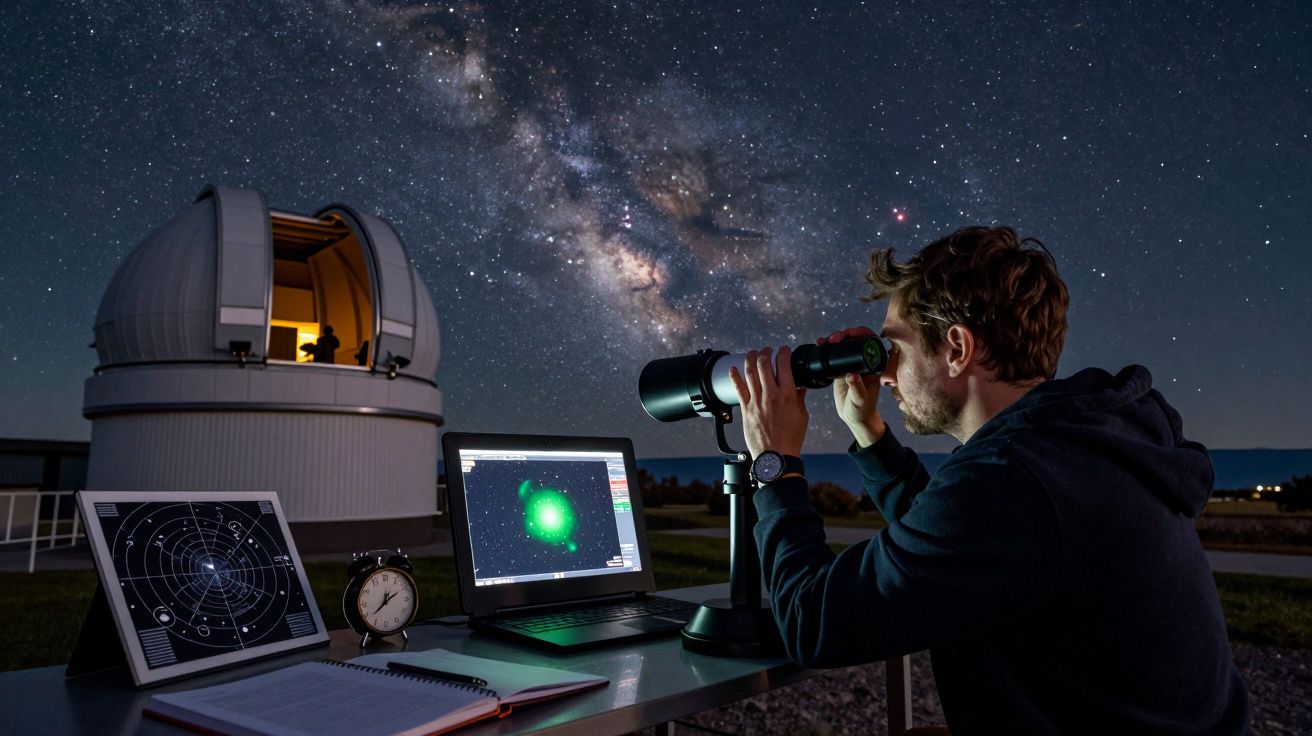 Hombre observando estrellas con telescopio portátil, junto a laptop y observatorio bajo cielo estrellado.