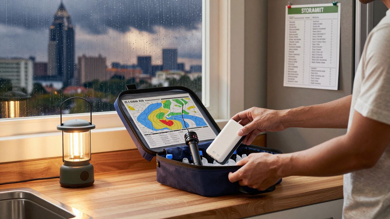 Hombre prepara kit de emergencia con mapa y linterna en cocina, cerca de ventana en día lluvioso.