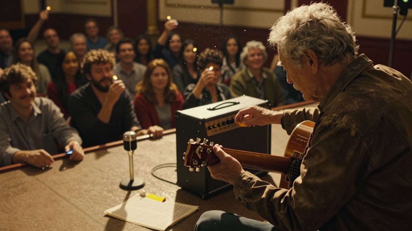 Músico mayor tocando guitarra en un pequeño escenario, público sosteniendo encendedores en alto.