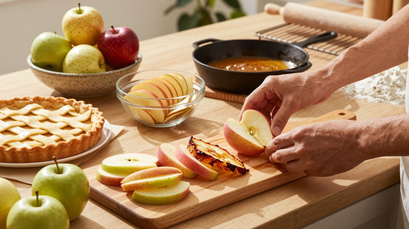 Manos cortando manzanas en una cocina, con una tarta de manzana, un bol y una sartén al fondo sobre la mesa de madera.