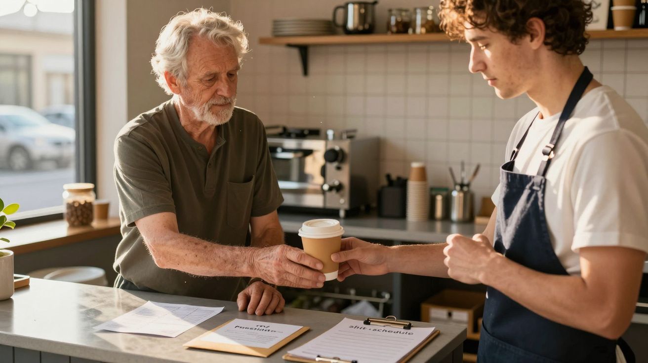 Hombre mayor en cafetería recibe vaso de café de joven barista con delantal, interior luminoso.