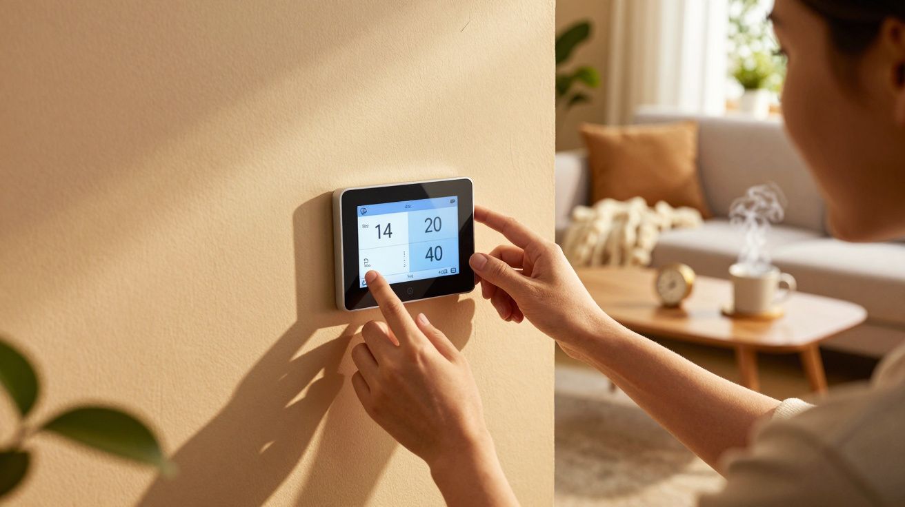 Persona ajustando el termostato en la pared de una sala moderna.