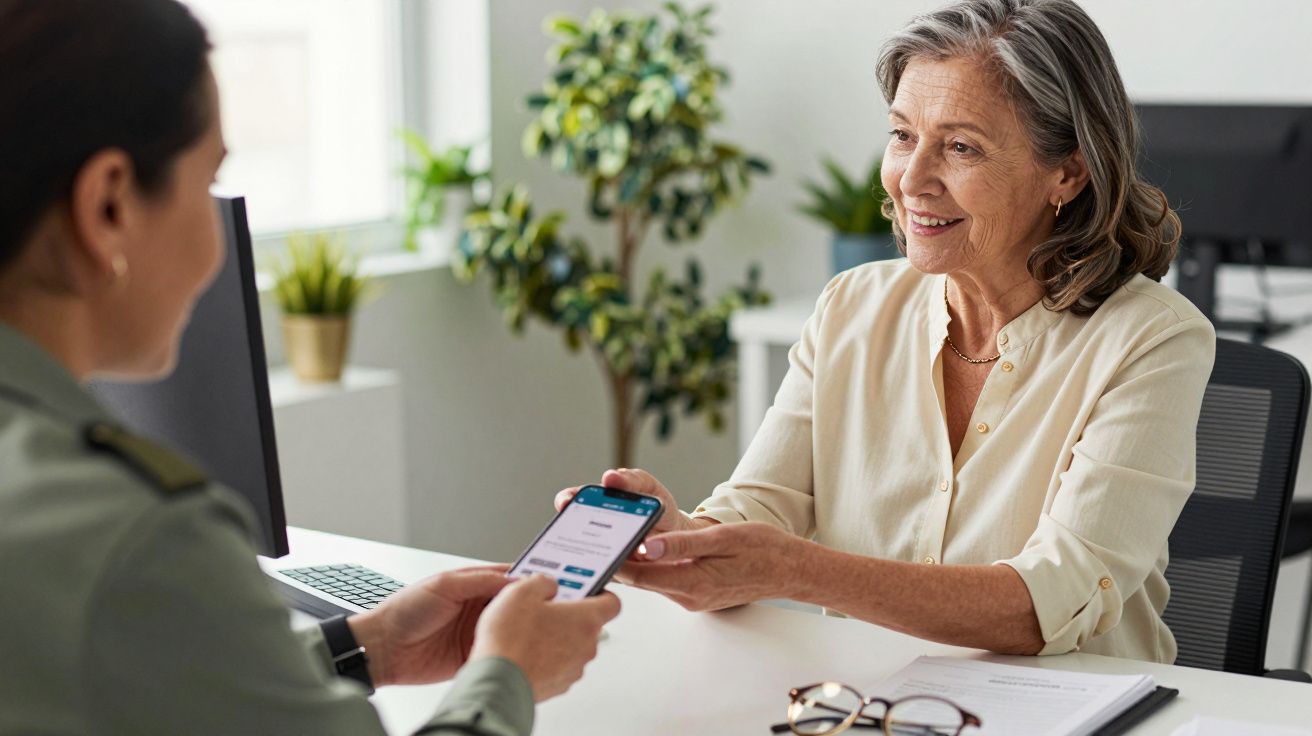 Mujer mayor sonriendo mientras muestra un teléfono móvil a otra persona en una oficina luminosa.