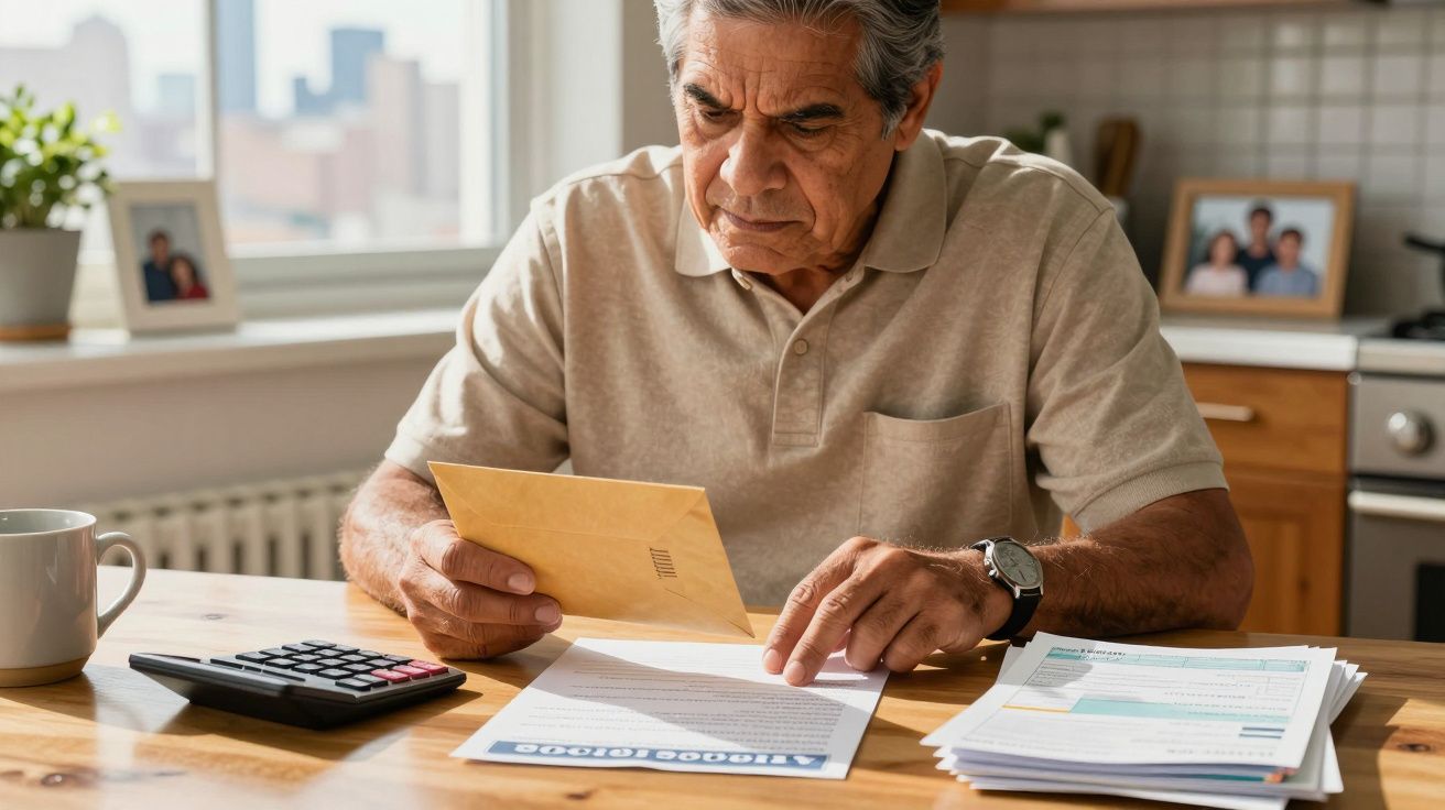 Hombre mayor en la cocina revisando facturas y documentos con calculadora y taza de café sobre la mesa.