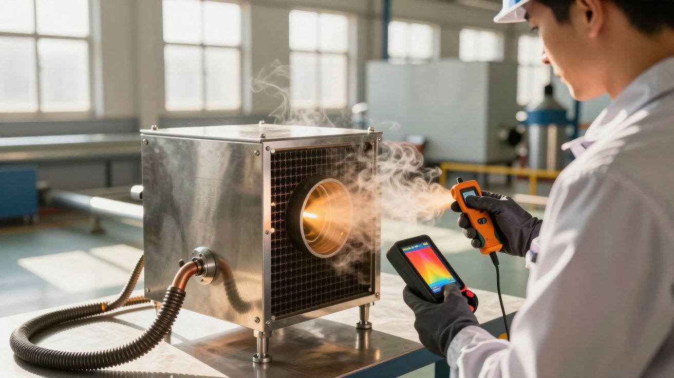 Persona midiendo temperatura de un equipo de pruebas térmicas con dispositivo de termografía en un laboratorio industrial.