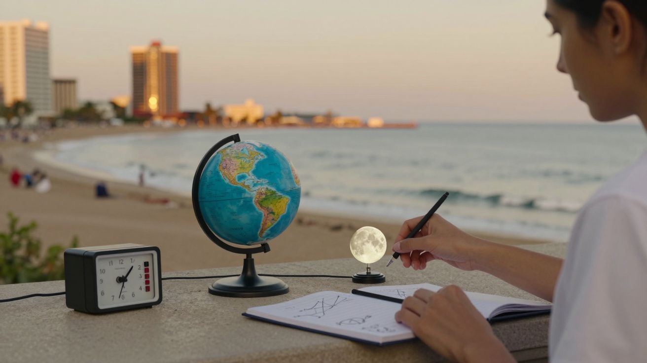 Persona escribiendo en un cuaderno frente a la playa, junto a un reloj, un globo terráqueo y una esfera luminosa.