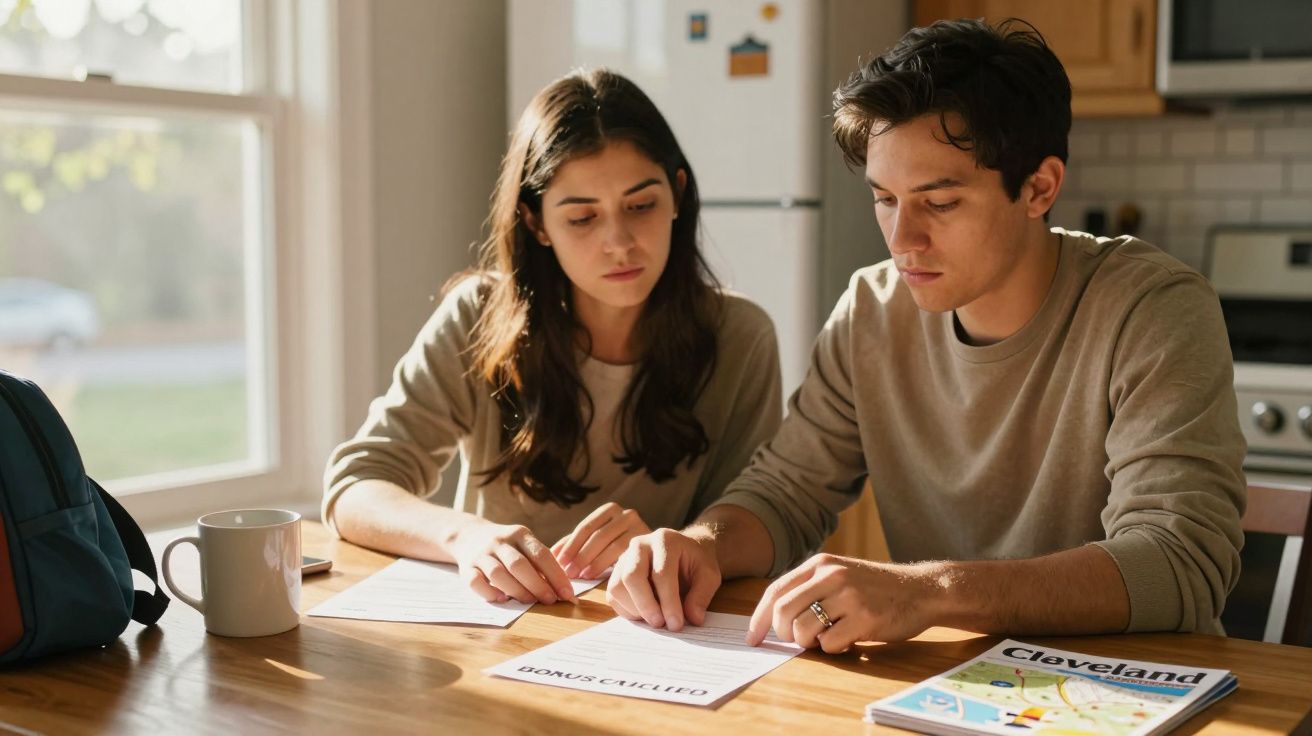 Pareja revisando documentos en una mesa, iluminados por la luz del día, con una taza y una guía de Cleveland al lado.