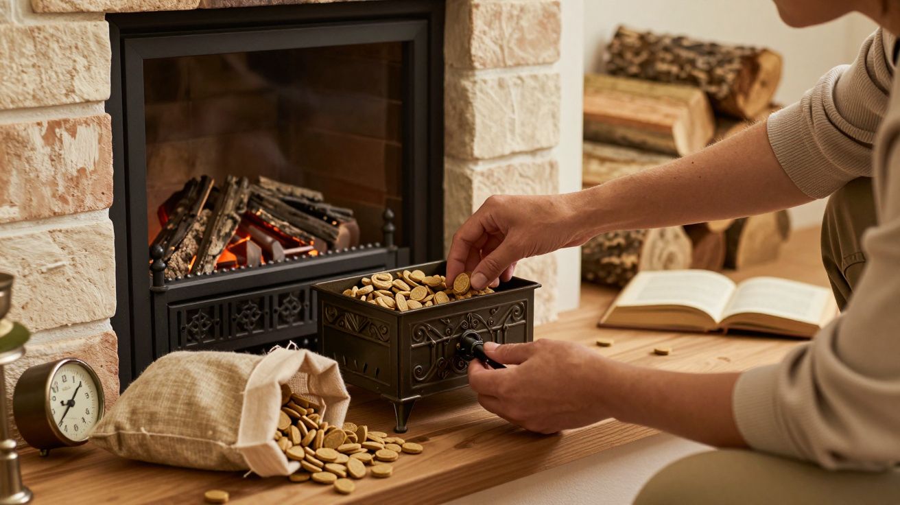 Persona colocando fichas en una estufa antigua junto a una chimenea encendida. Hay un libro y leña al fondo.