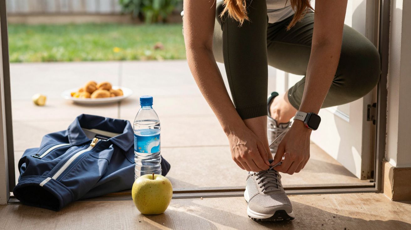 Persona atando zapatillas junto a una chaqueta, botella de agua y manzana en la entrada de una casa con jardín al fondo.