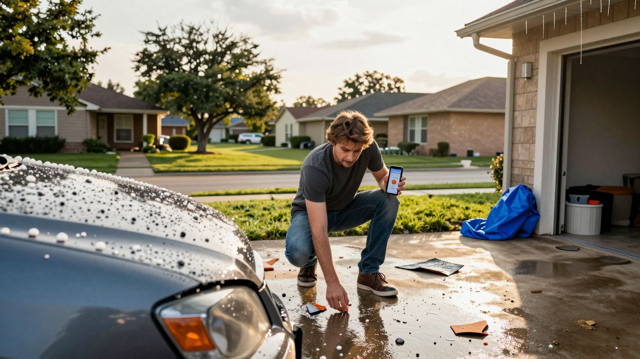 Hombre revisando daños en un coche tras una tormenta de granizo en la entrada de su casa, mientras sostiene un móvil.
