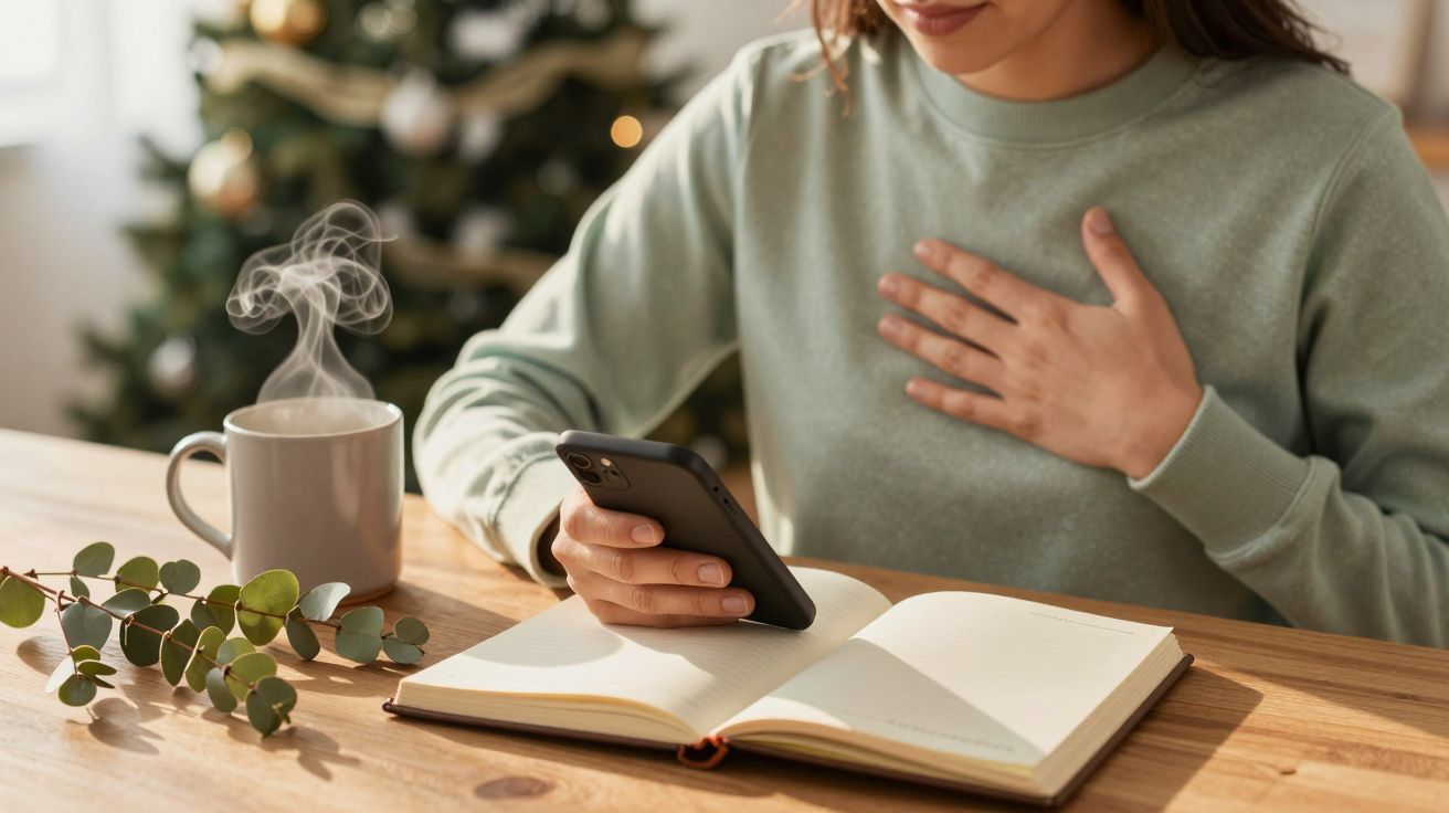 Mujer con jersey verde revisa su móvil junto a una taza humeante y un libro abierto, árbol de Navidad al fondo.