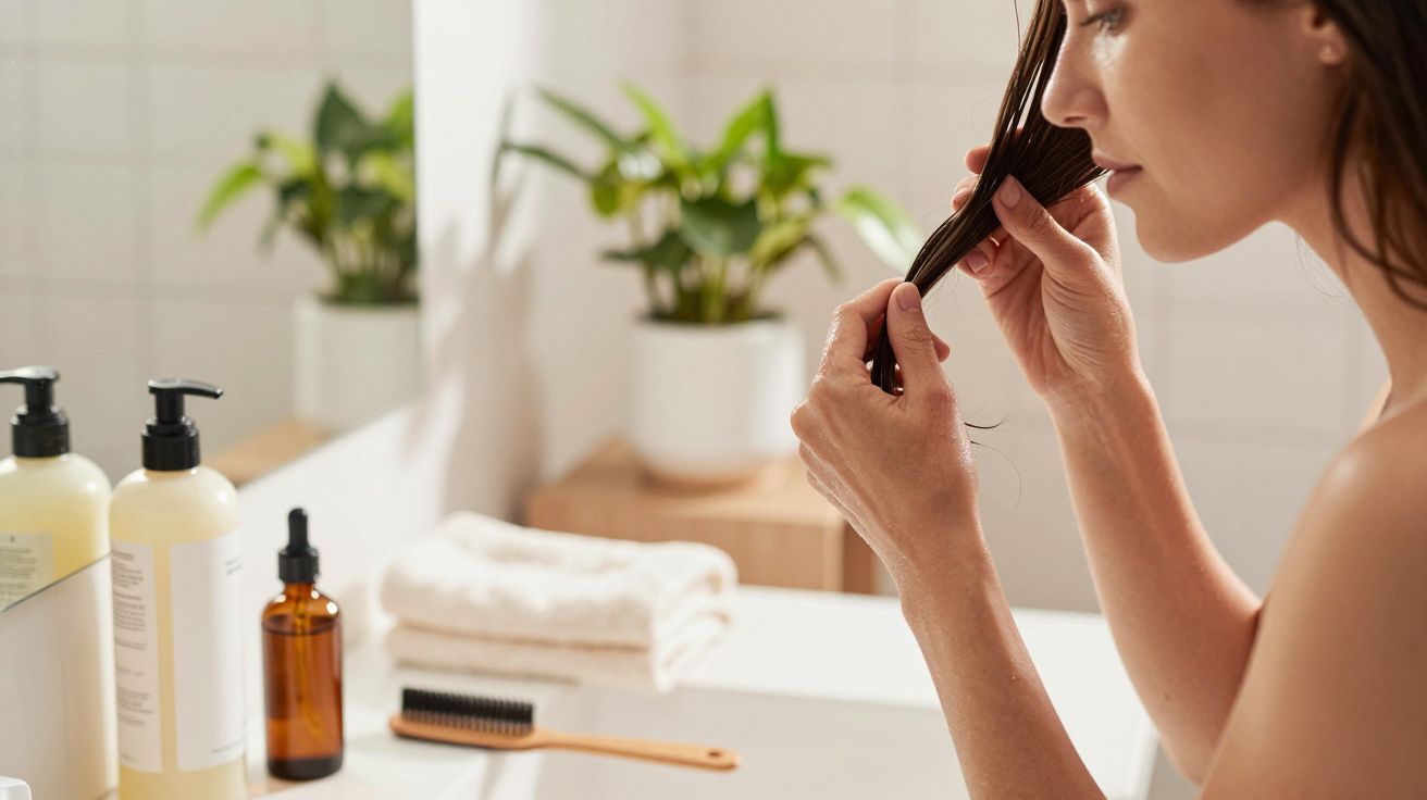 Mujer cuidando su cabello en el baño, con productos de cuidado capilar y plantas en el fondo.