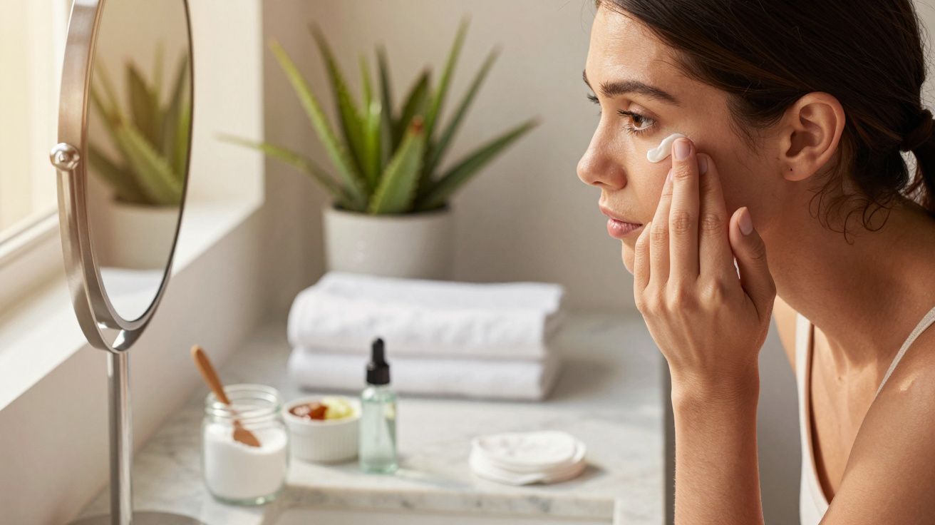 Mujer aplicando crema facial frente al espejo en un baño moderno, con toallas y plantas al fondo.