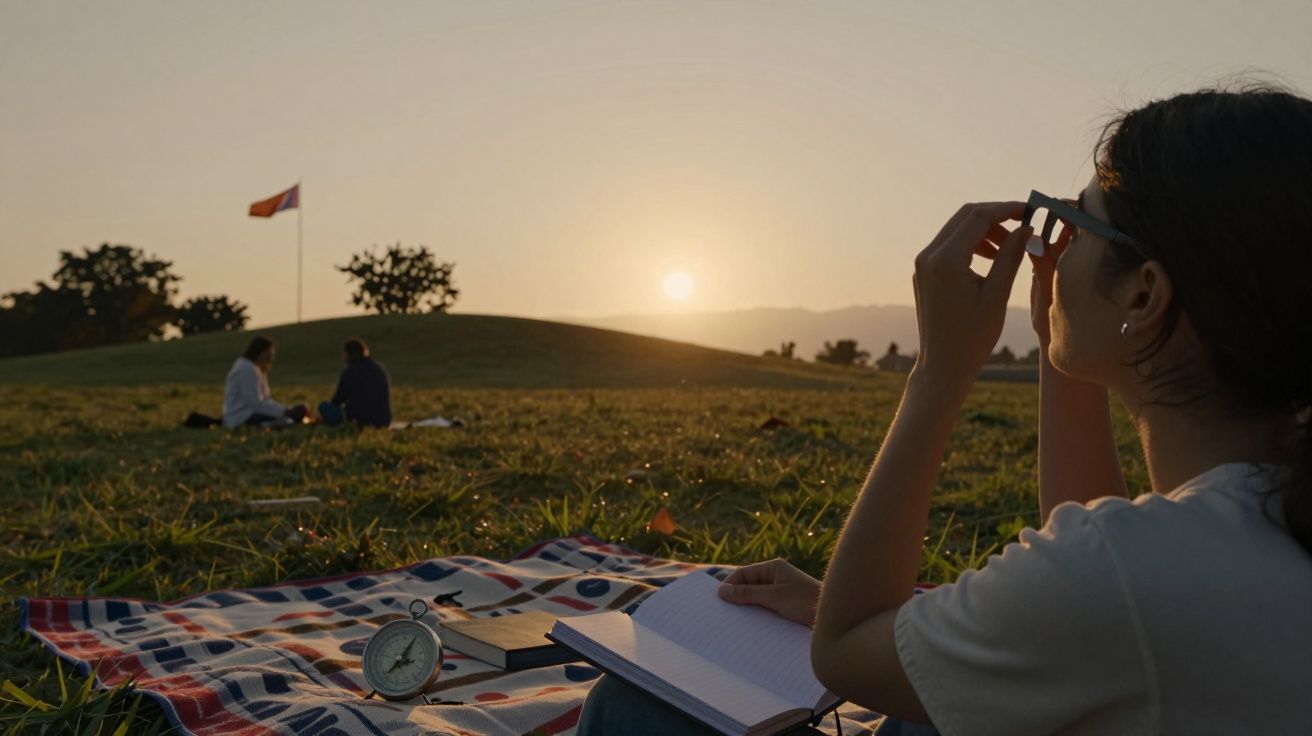 Persona observa el atardecer con gafas oscuras en un campo; bandera ondea en la distancia. Personas sentadas al fondo.