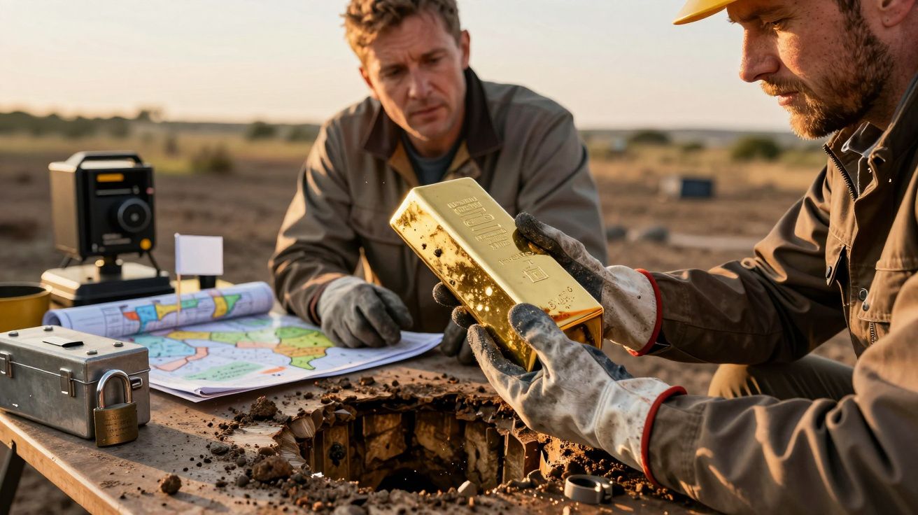 Dos hombres examinan un lingote de oro extraído de un agujero en el suelo, en una mesa con mapas y equipo de topografía.