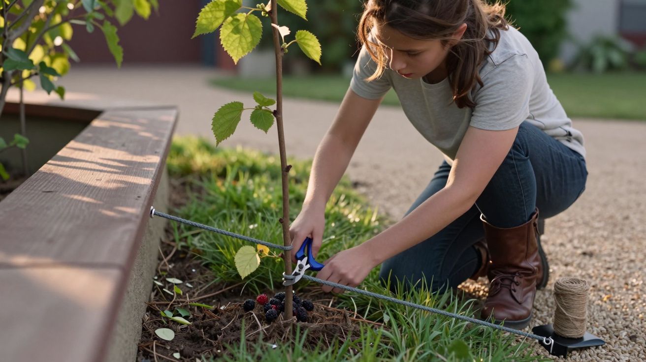Niña poda un árbol joven en el jardín, usando tijeras de podar, con cuerda y alambre alrededor.