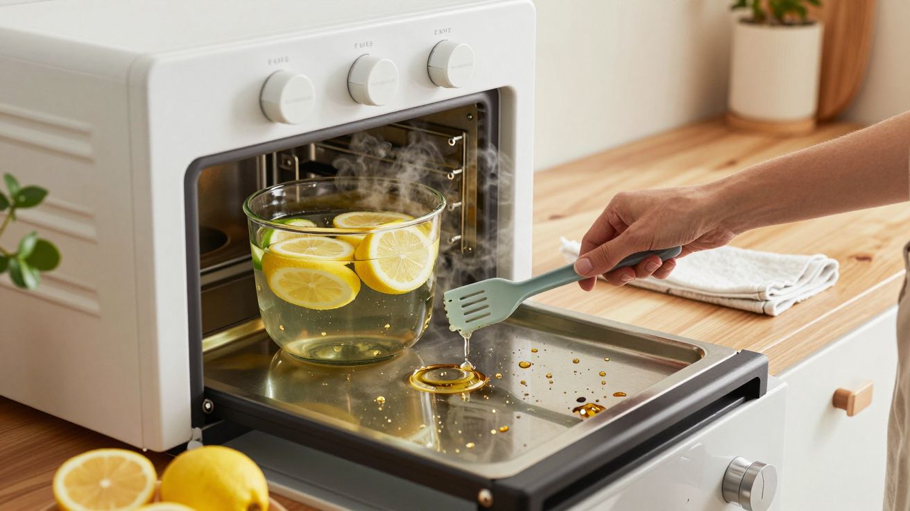 Mano ajustando recipiente con limón al vapor en bandeja de horno.