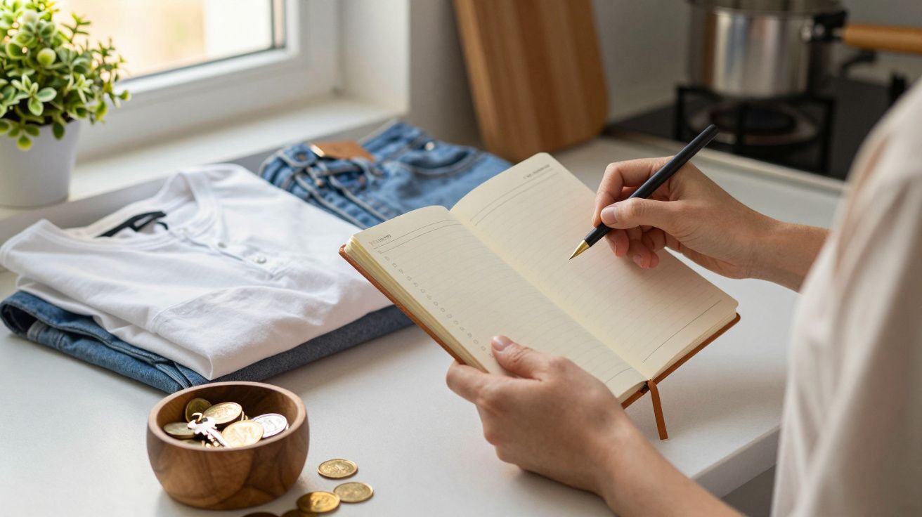 Persona escribiendo en un cuaderno, con monedas y llaves en un cuenco sobre una mesa junto a ropa doblada y una planta.