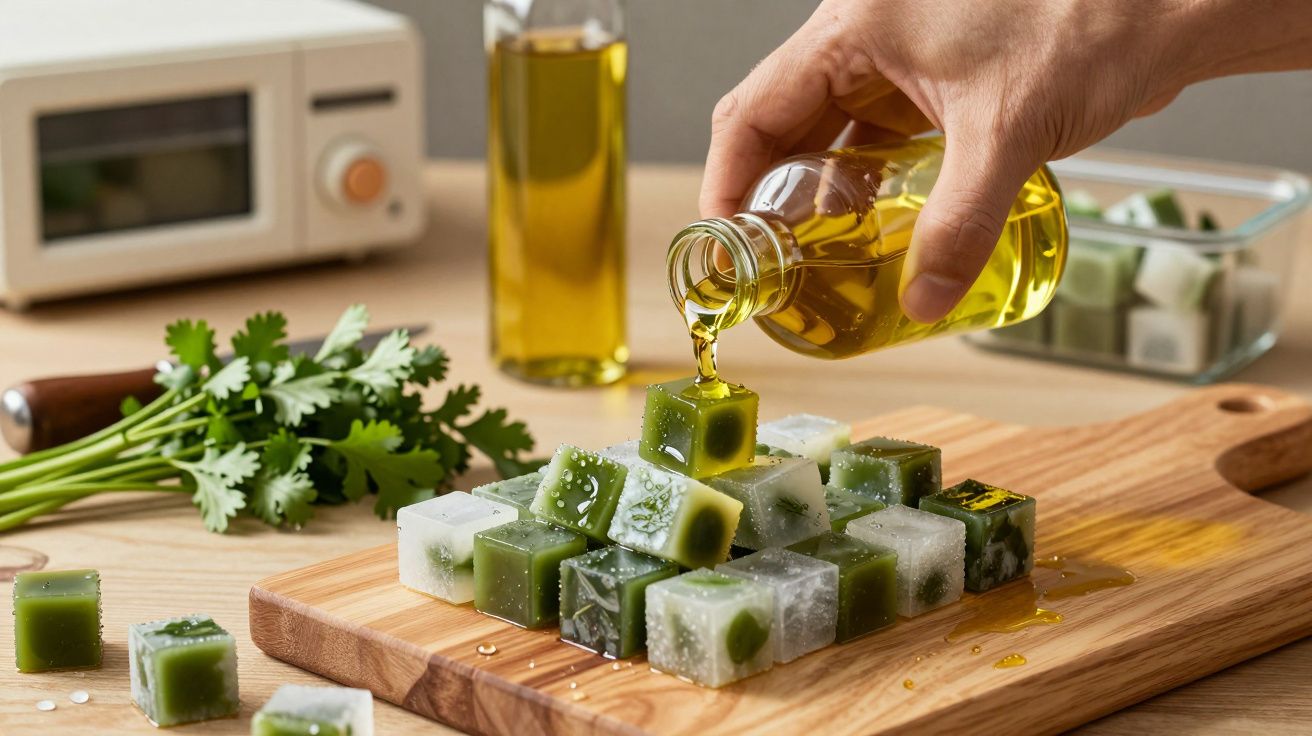 Mano vertiendo aceite sobre cubos de hielo verdes y blancos en una tabla de cortar, con cilantro al fondo.
