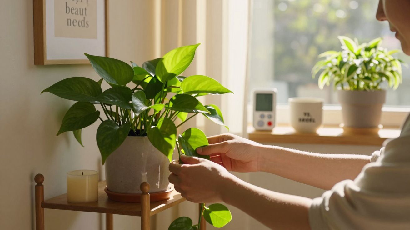 Persona cuidando una planta en maceta junto a una ventana luminosa, rodeada de objetos decorativos y una vela.
