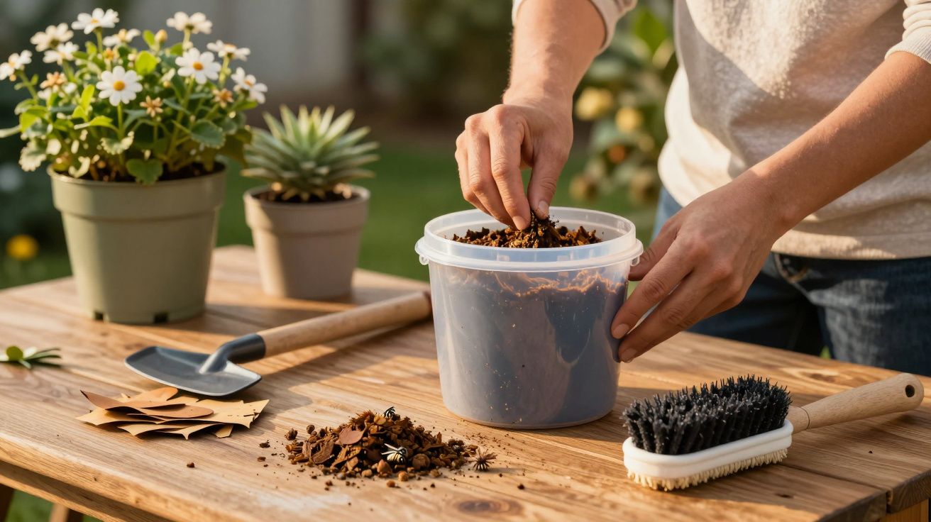 Persona plantando en macetas sobre una mesa de madera con herramientas de jardinería.