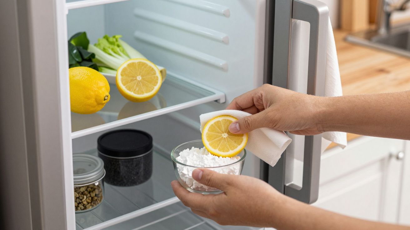 Mano colocando un cuenco con limón y alimentos en la nevera, junto a verduras y botes en los estantes.