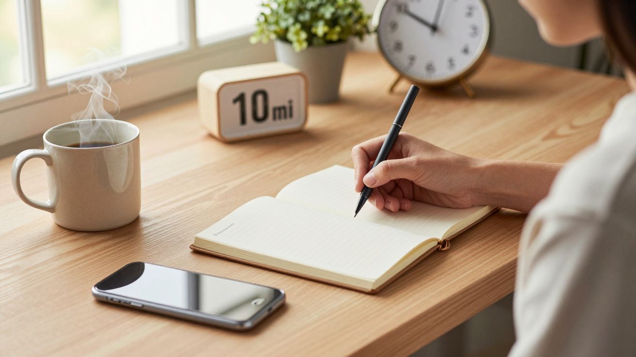 Persona escribiendo en un cuaderno en un escritorio, con una taza, reloj y teléfono móvil cercanos.