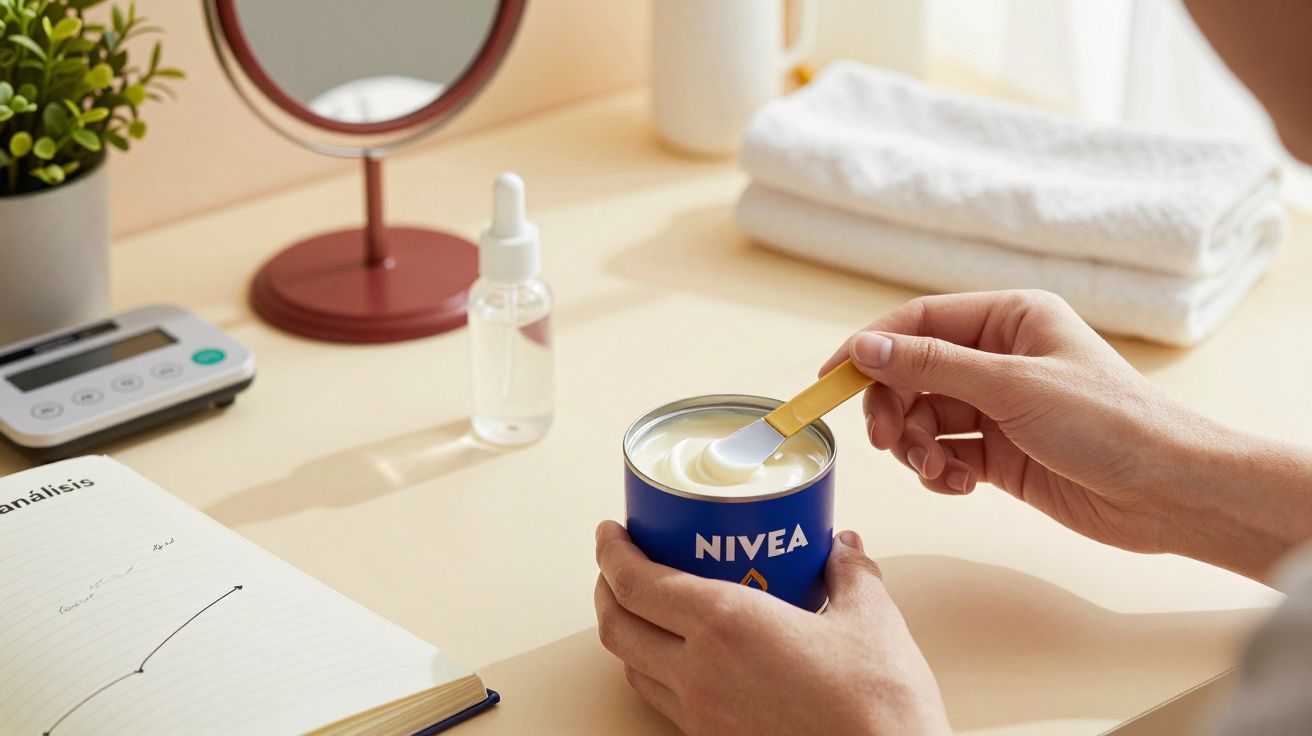 Manos sosteniendo un bote azul de crema Nivea en una mesa con espejo, libro, gotero cosmético y toalla blanca.