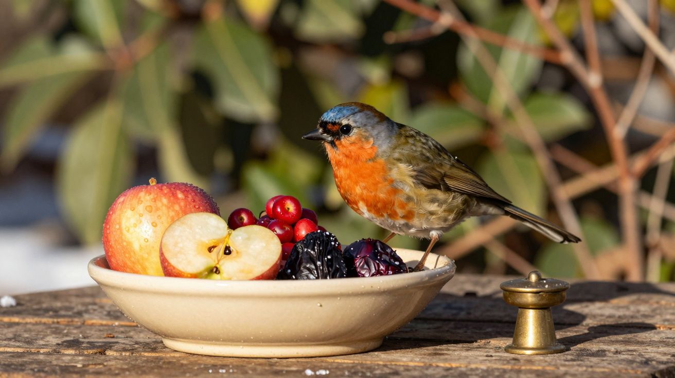 Pájaro sobre plato de frutas con manzana, moras y arándanos, en mesa de madera al aire libre.