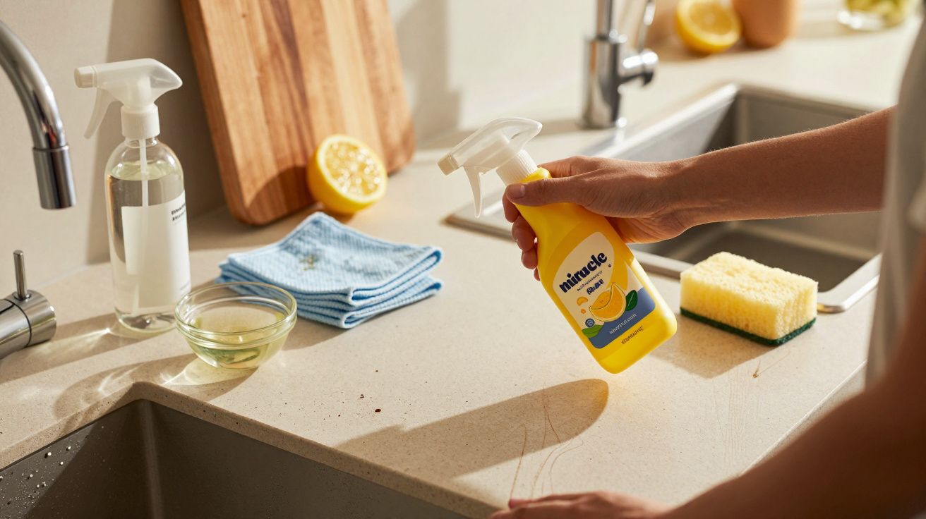 Persona usando limpiador en spray sobre encimera de cocina, rodeada de esponja, paños y medio limón en el fondo.
