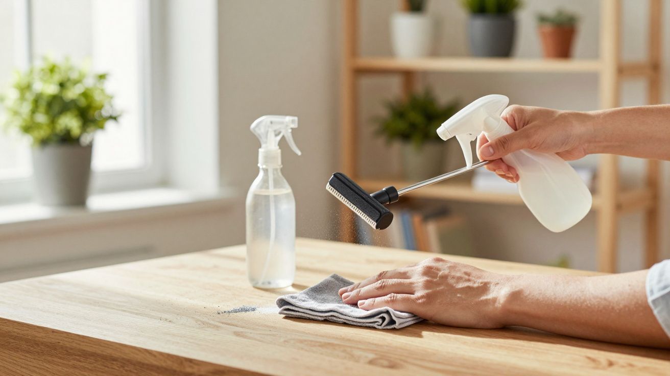 Mano limpiando una mesa de madera con spray, recogedor de migas y trapo en una sala iluminada.