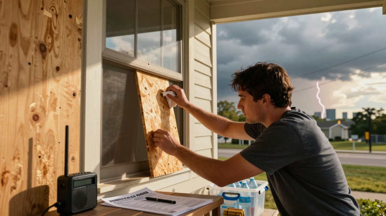 Hombre asegurando ventanas con madera contrachapada antes de tormenta con relámpago de fondo.