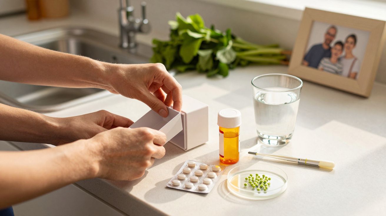 Manos abriendo caja en cocina, junto a pastillas, vaso de agua y foto familiar.