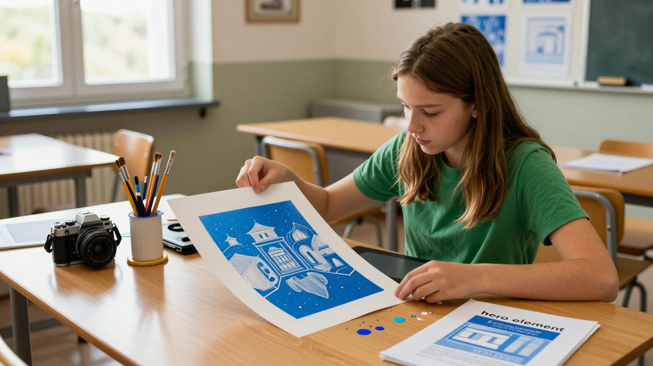 Estudiante examina una lámina azul con un diseño gráfico en un aula. Sobre la mesa, una cámara y material de dibujo.