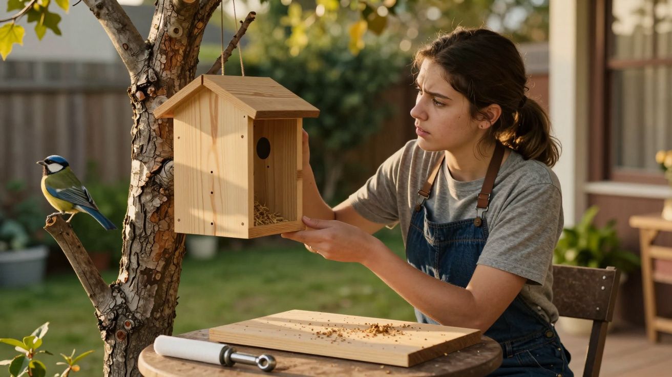 Una joven ajusta una casita de pájaros en un árbol mientras un herrerillo se posa cerca.