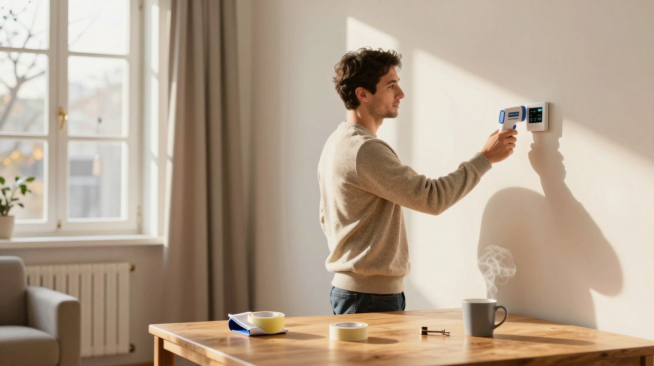 Hombre ajustando un termostato en la pared de una sala iluminada por el sol junto a una mesa de madera con cinta adhesiva y c