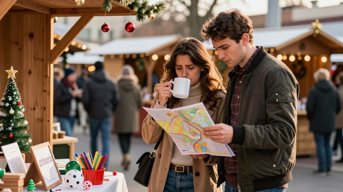 Pareja consultando un mapa en un mercado navideño al aire libre, rodeados de puestos decorados y luces festivas.