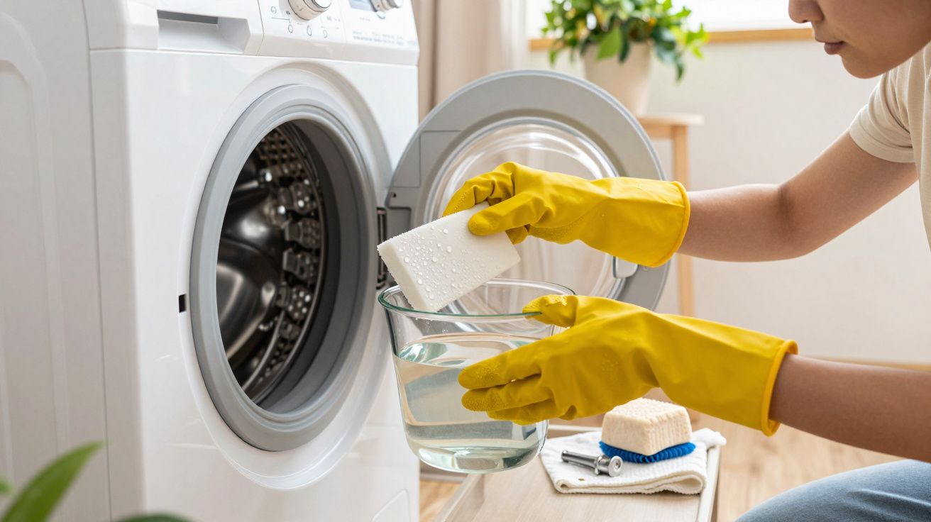Persona limpiando lavadora con guantes amarillos, esponja y agua en un recipiente.