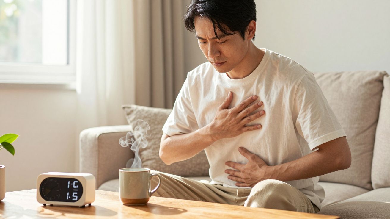 Hombre en sofá con dolor en el pecho y el estómago, taza de té humeante y reloj digital al lado.