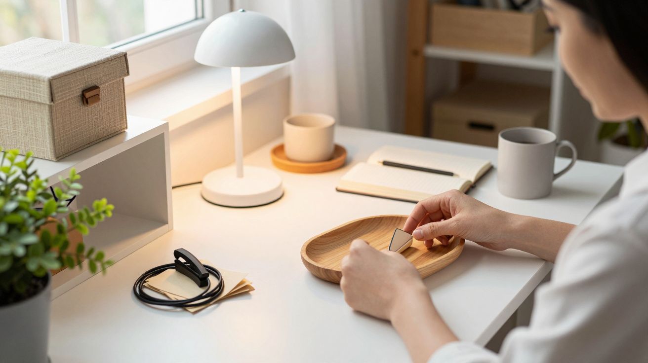 Mujer en escritorio blanco con lámpara, taza, cuaderno y planta, colocando tarjeta en bandeja de madera.