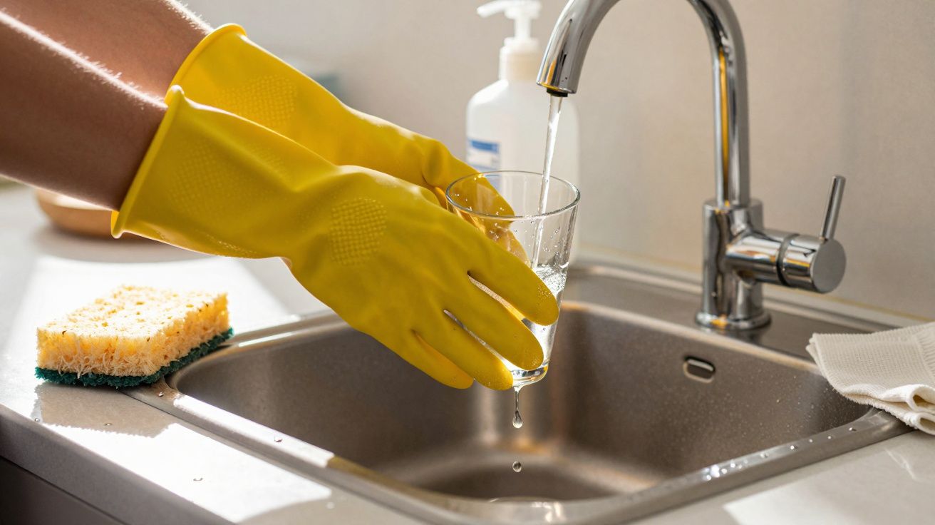 Manos con guantes amarillos lavan un vaso bajo un grifo en un fregadero de cocina, con una esponja cerca.