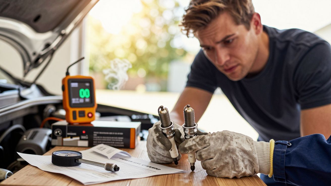 Persona revisando bujías junto a un coche abierto, con herramientas y un dispositivo de diagnóstico sobre la mesa.